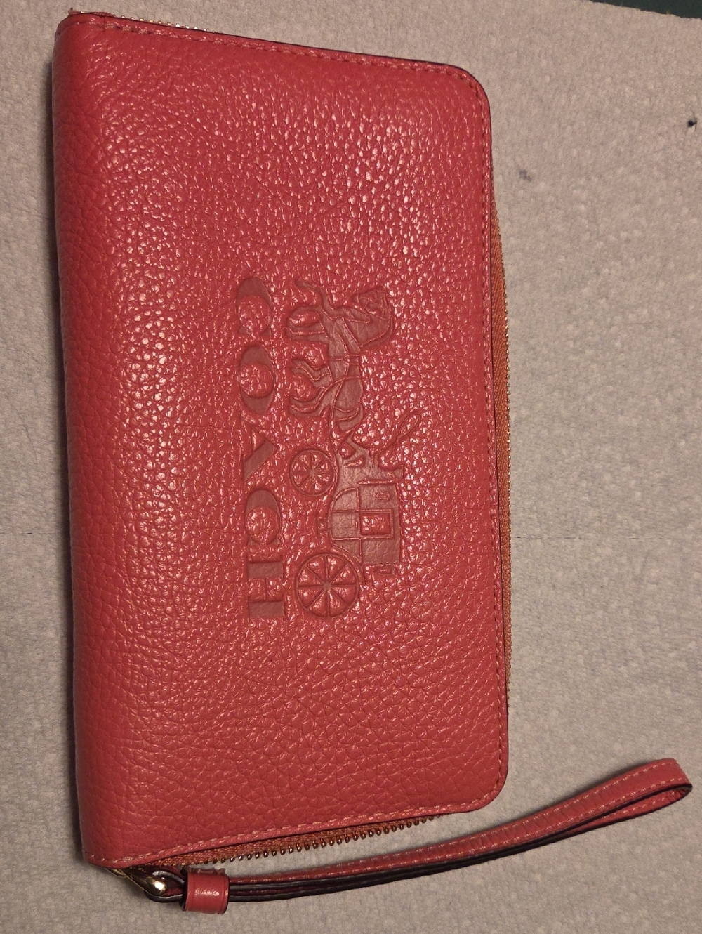Coach Coral Red Pebbled Leather Zip Wristlet
